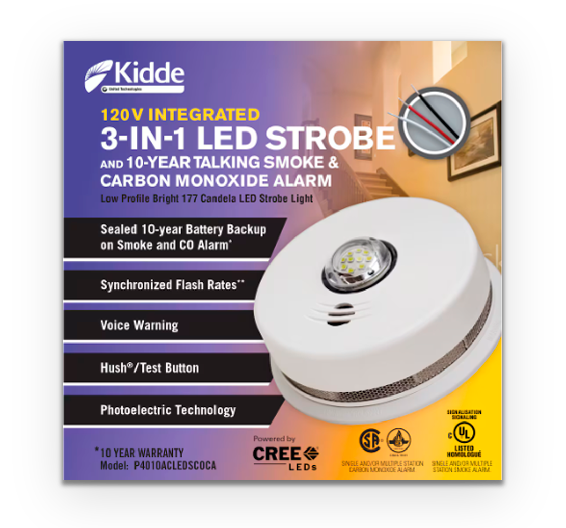 Kidde Hardwire Interconnect 3-in-1 Smoke & CO Alarm with LED Strobe Light and 10-Year Battery Backup (P4010ACLEDSCOCA)