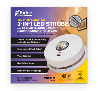 Kidde Hardwire Interconnect 3-in-1 Smoke & CO Alarm with LED Strobe Light and 10-Year Battery Backup (P4010ACLEDSCOCA)