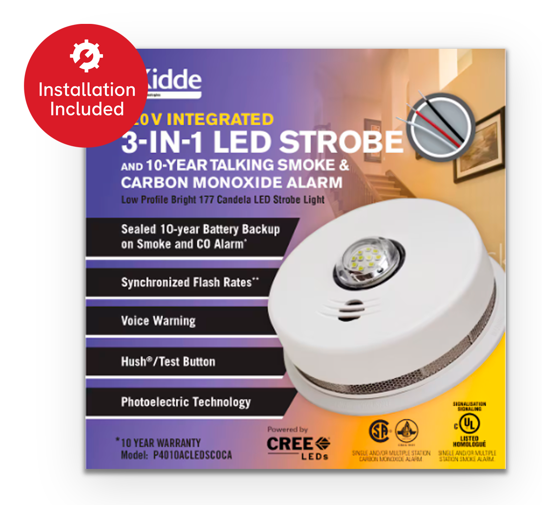 Kidde Hardwire Interconnect 3-in-1 Smoke & CO Alarm with LED Strobe Light and 10-Year Battery Backup (P4010ACLEDSCOCA)