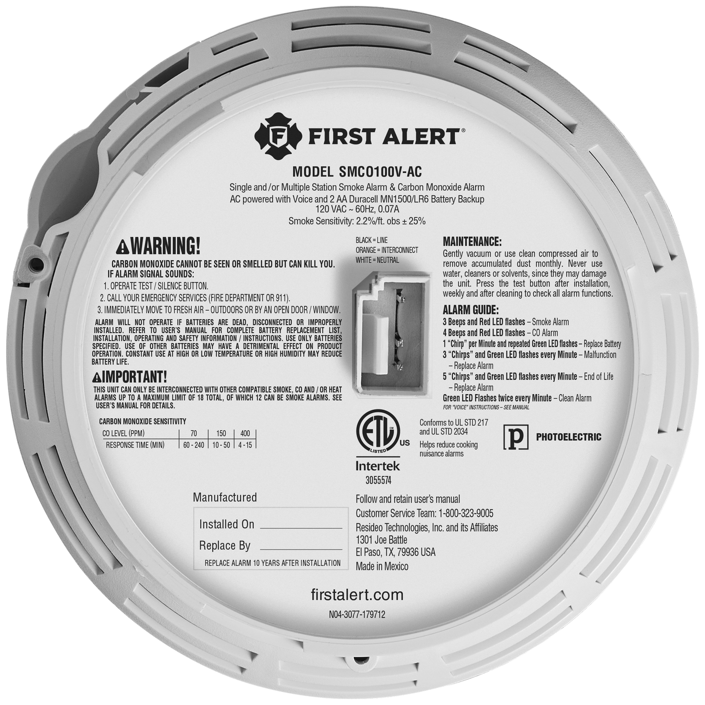 First Alert Hardwire Interconnect Smoke & CO Alarm with AA Battery Backup & Voice (SMCO100V)
