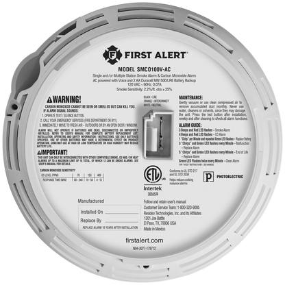 First Alert Hardwire Interconnect Smoke & CO Alarm with AA Battery Backup & Voice (SMCO100V)