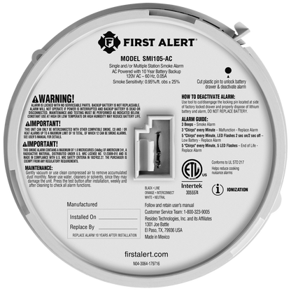 First Alert Hardwire Interconnect Smoke Alarm with 10-Year Battery Backup (SMI105-AC)