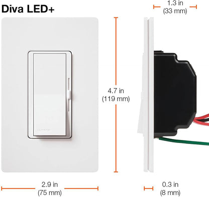 Lutron Diva LED+ Dimmer Switch for Dimmable LED/Halogen/Incandescent Bulbs, Single-Pole or 3-Way (White)